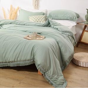 Queen size tassel bohemian fringe comforter set 3 pieces sage green